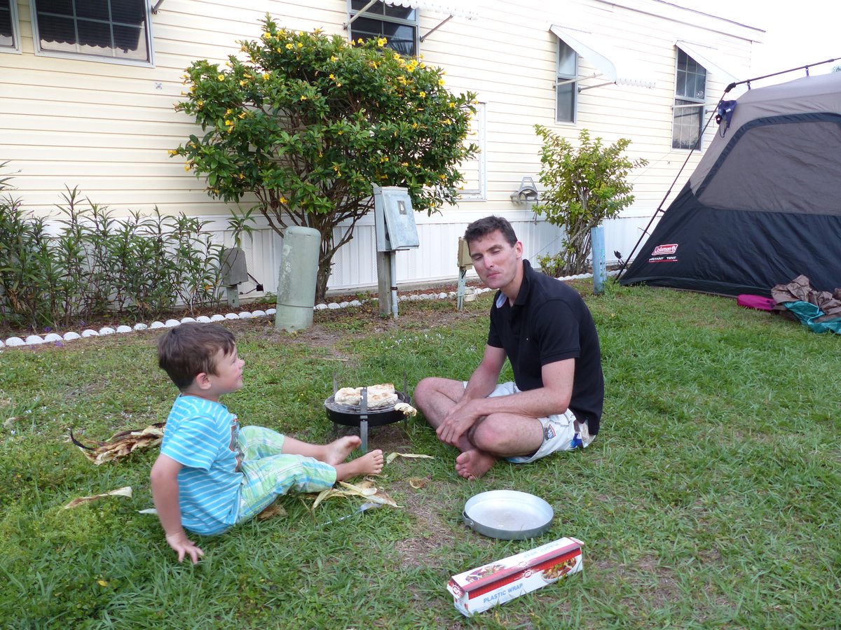 Jesper and Noah cooking at the campsite — results unknown but enthusiasm high