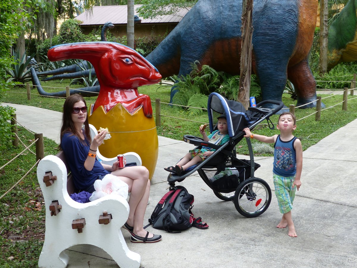 Jesper with both boys on a wooden boardwalk through lush subtropical forest