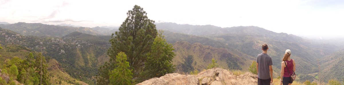 Wide panorama from the top of Ella Rock, Noah and Line on the right looking out over the hills