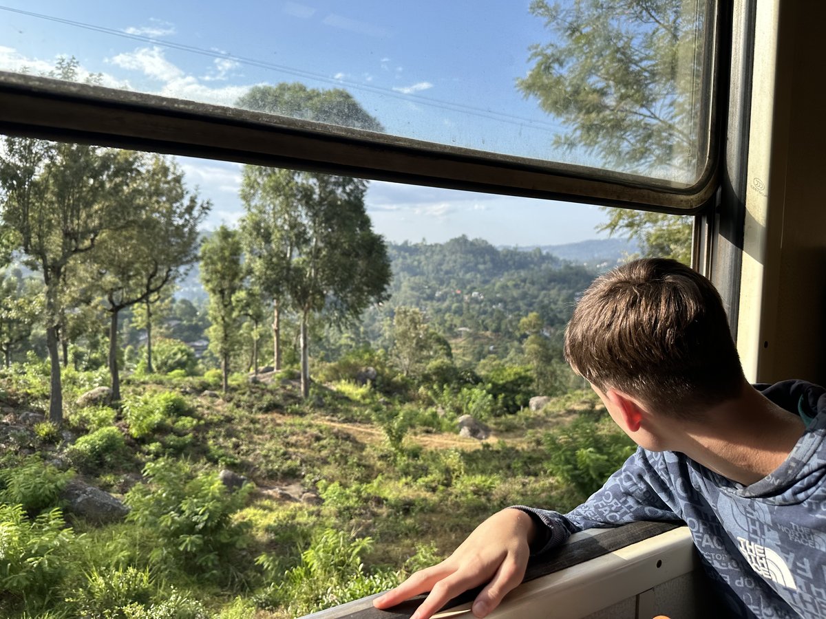 Noah looking out of the train window at the hills