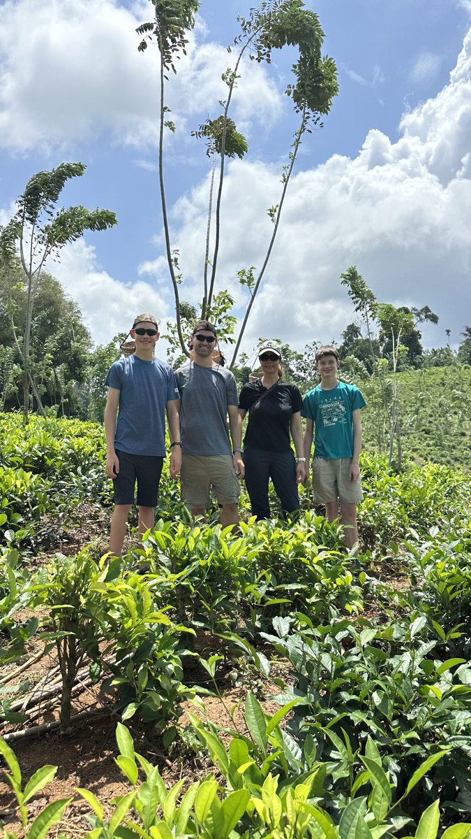 The whole family standing among the tea bushes in the plantation
