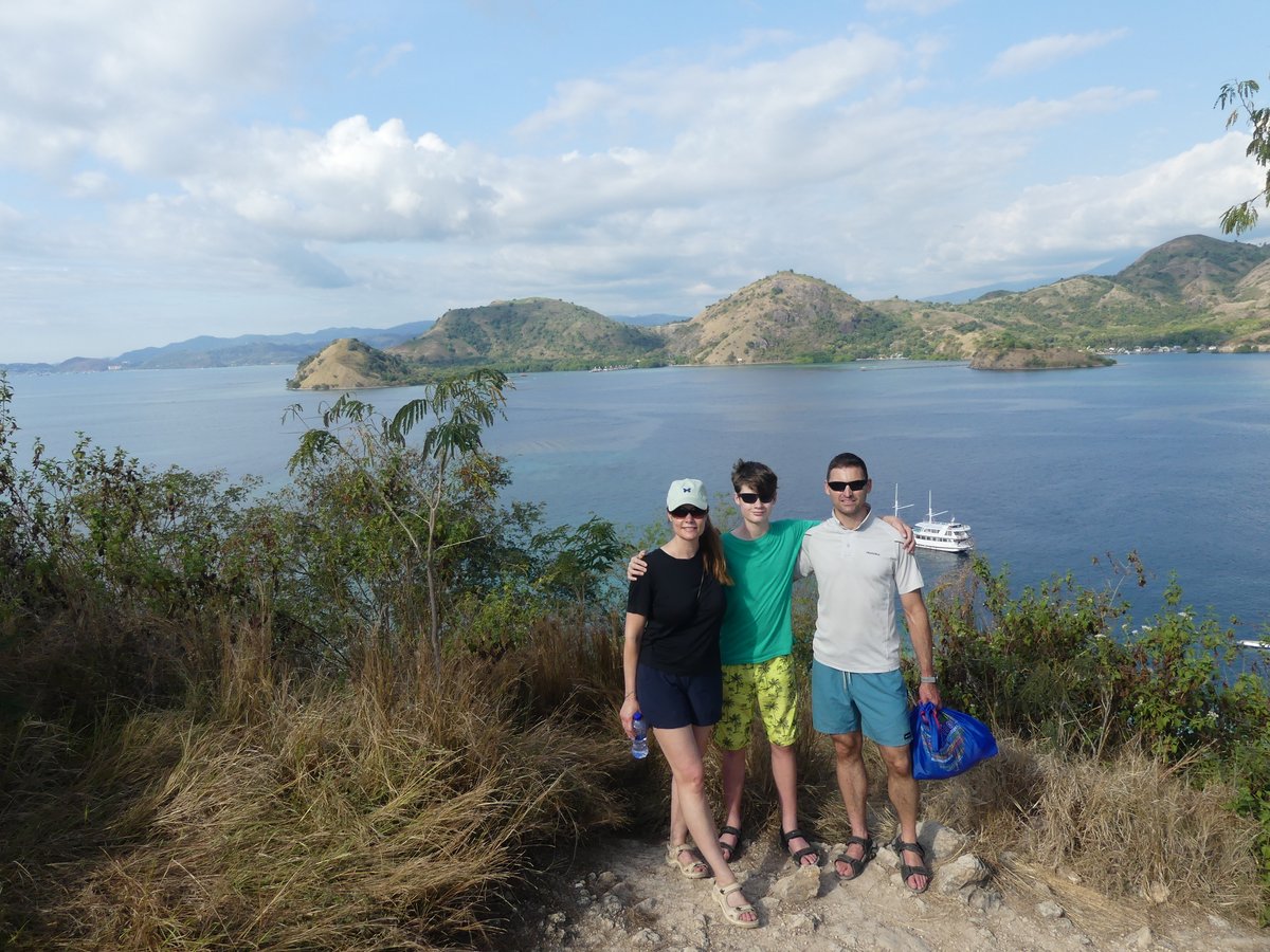 Line, Noah and Jesper at the Kelor Island viewpoint over the Komodo archipelago