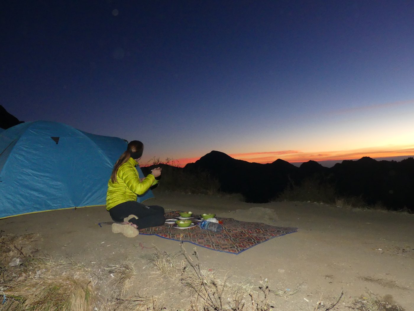 Line and Noah at the crater-rim camp