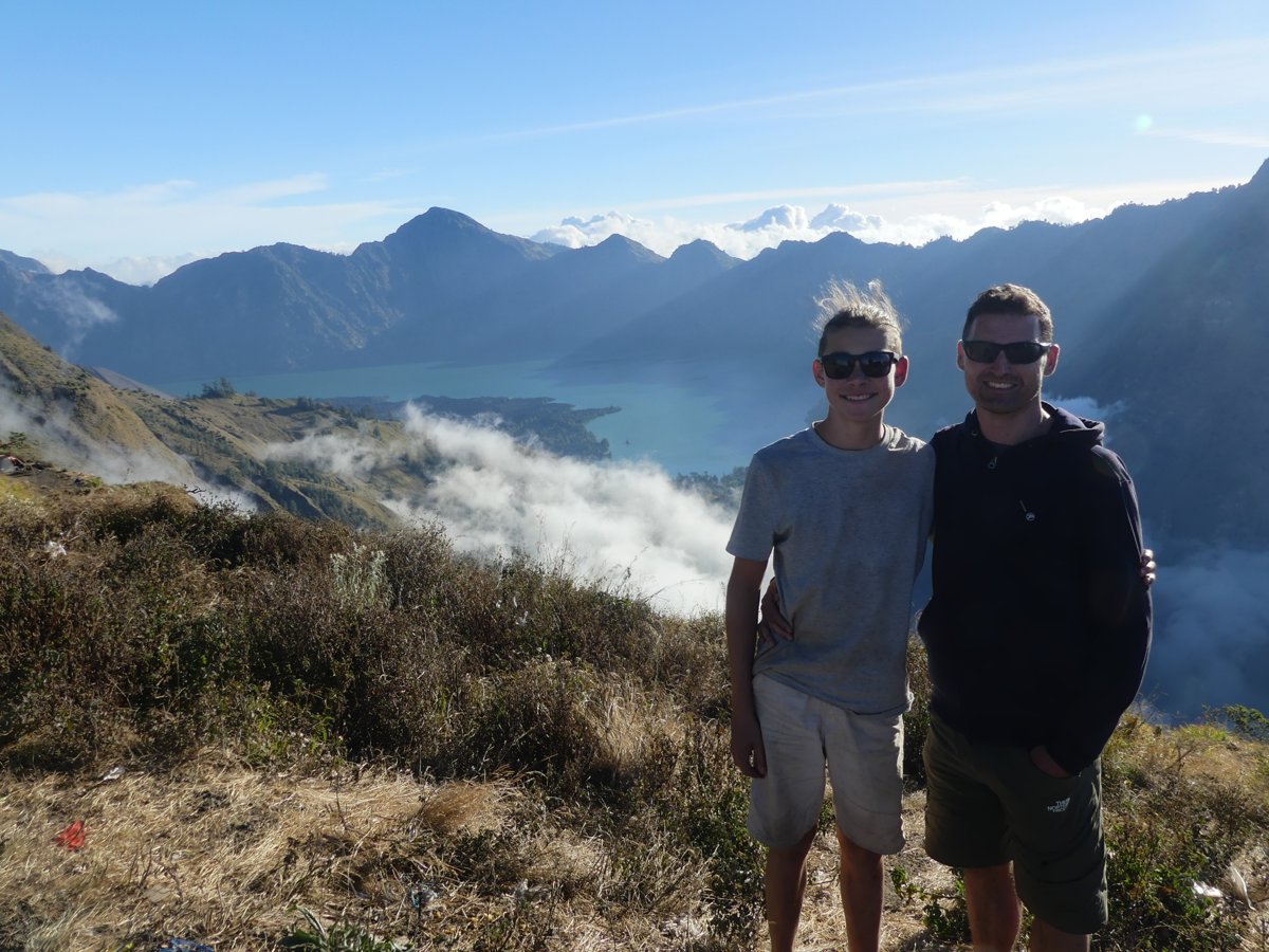 Noah and Jesper at the crater rim with the lake far below