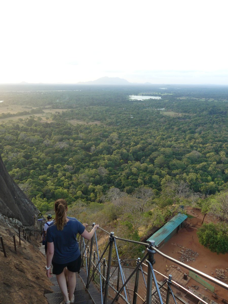 Line descending the metal staircase from the Sigiriya summit high above the plain