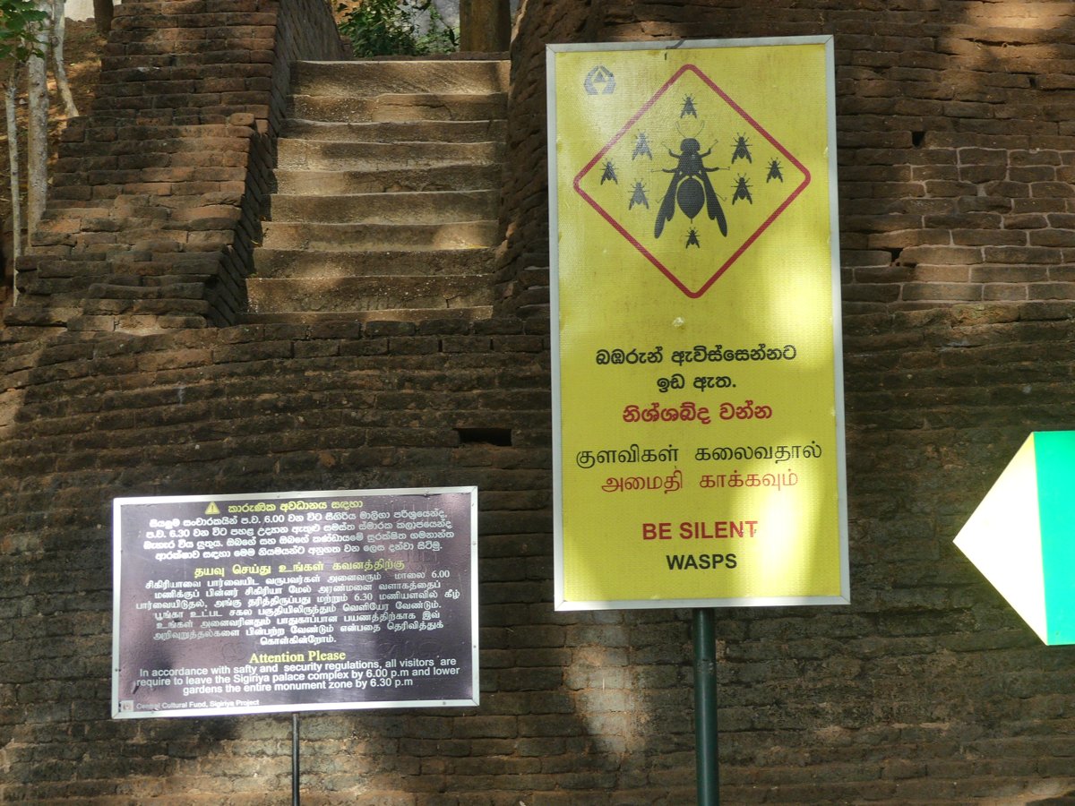 A 'BE SILENT WASPS' warning sign on the Sigiriya stairs