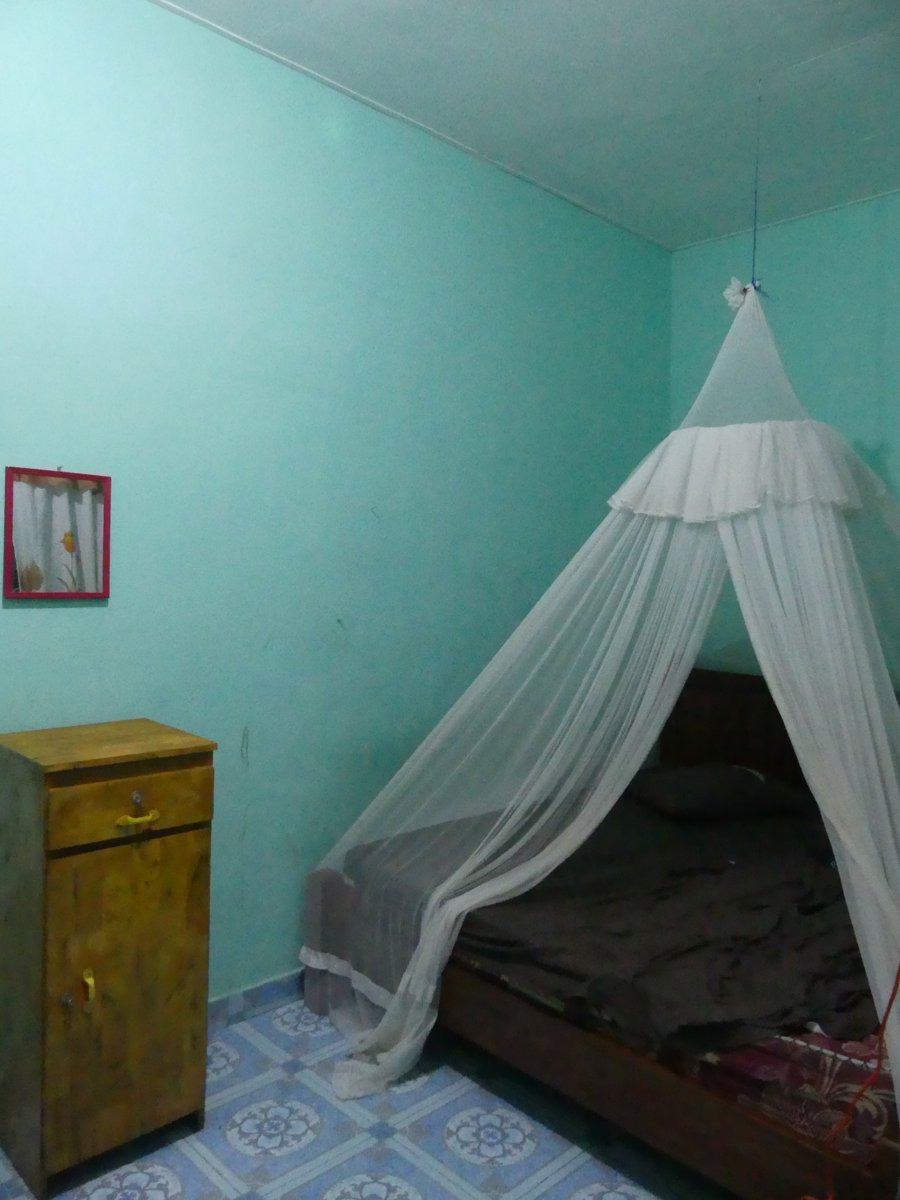 The rough first-night room in Bukit Lawang: teal walls, a small bed under a mosquito net, a battered wooden cabinet