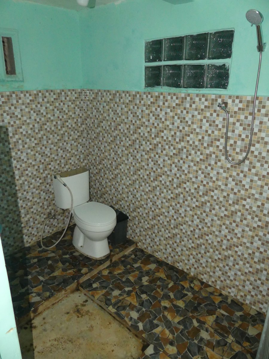 The strange first-night bathroom with a hand-shower and pebble floor