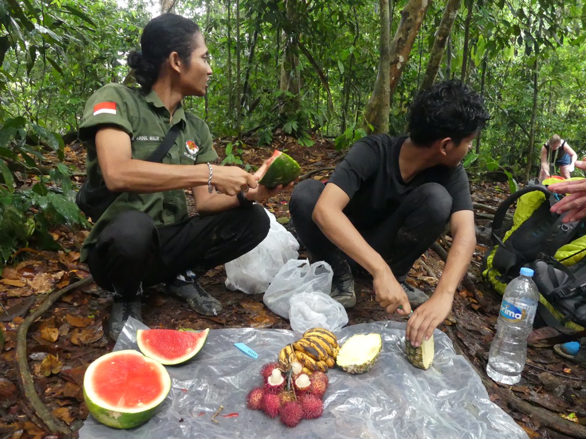 The guides cutting up a jungle fruit platter of watermelon, rambutan and pineapple on a plastic sheet