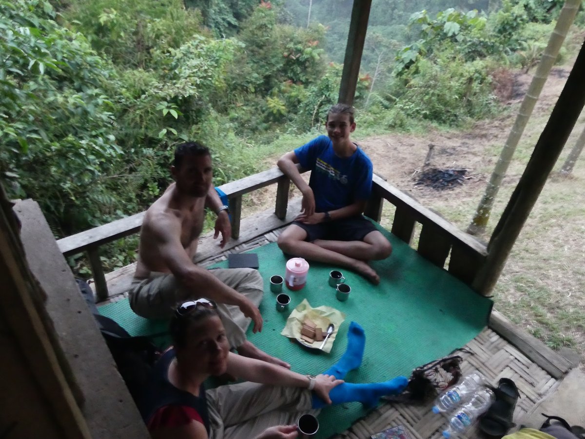 Tea on the treehouse floor, Line wearing her blue leech socks