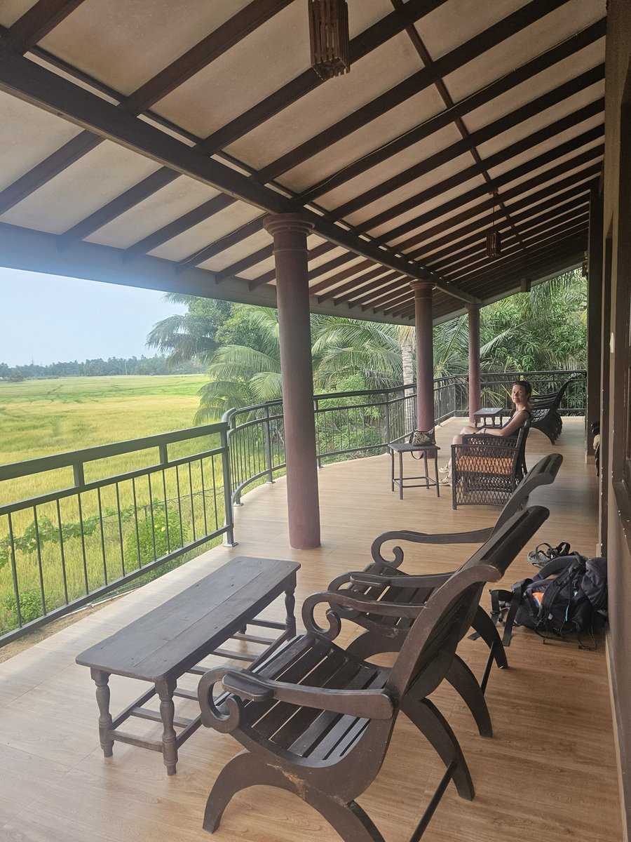 The homestay veranda with wooden chairs looking out over green rice paddies, Line on a hanging chair