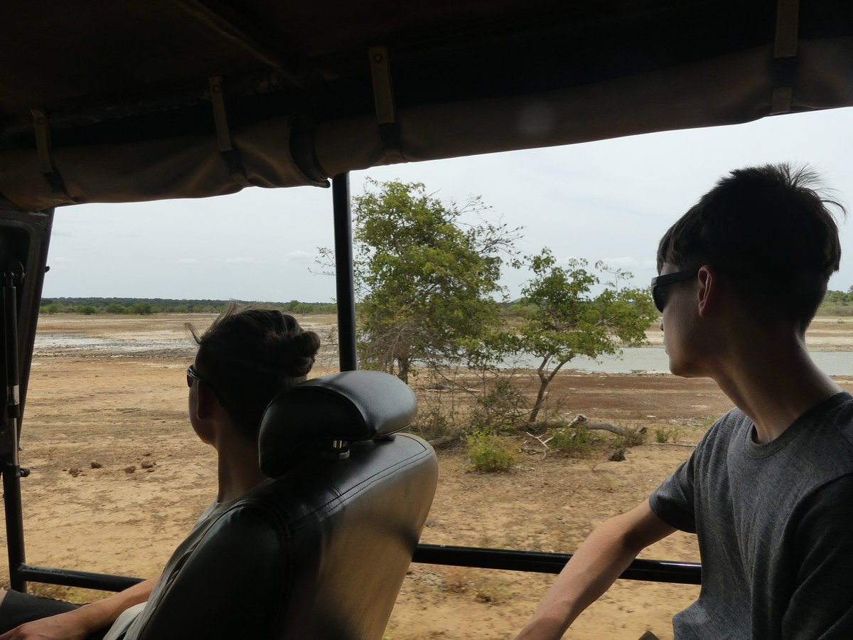 Line and Noah in the safari Jeep in Sri Lanka